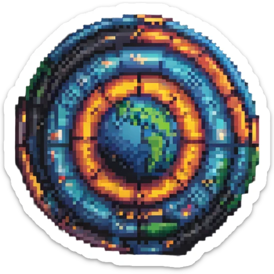 Turn this into a pixel art planet made of movie film strips, vibrant colors, circular shape. sticker