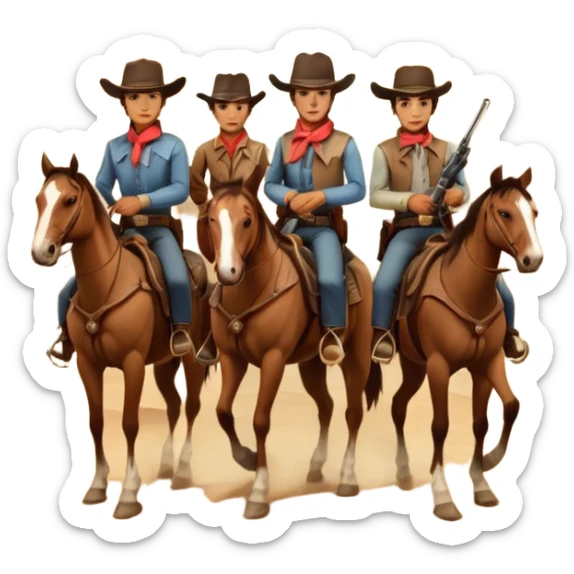 Icon for Western: A vintage movie poster-style design with cowboys on horseback, dusty desert landscape, and a setting sun. Include cowboy hats, revolvers, and an old saloon. The design should have bold typography and a retro cinematic feel. Transparent background. sticker