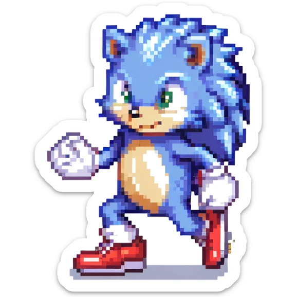 blue hedgehog with red shoes and white gloves, mid-run in a colorful Green Hill Zone with golden rings and motion lines, confident expression sticker
