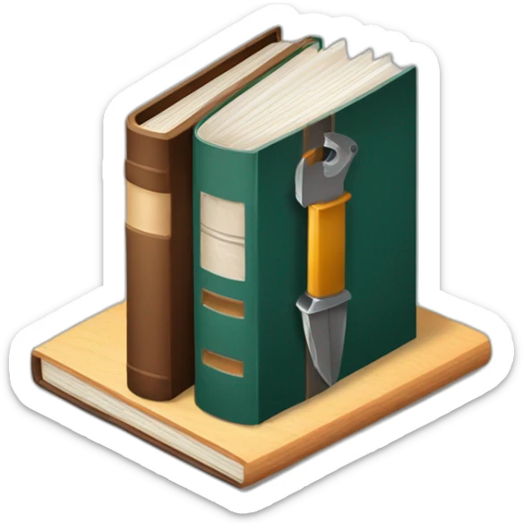 isometric thick BOOK with picture of wood, metal, welder, tools sticker