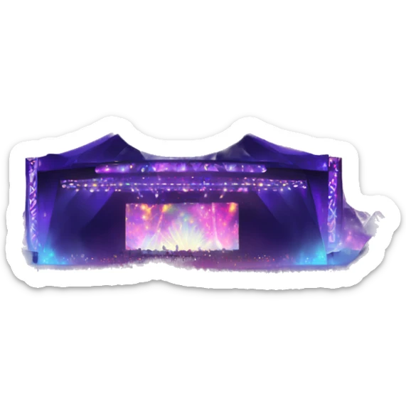 A magical EDM festival with a grand stage, glowing lights, and fireworks in the night sky. sticker
