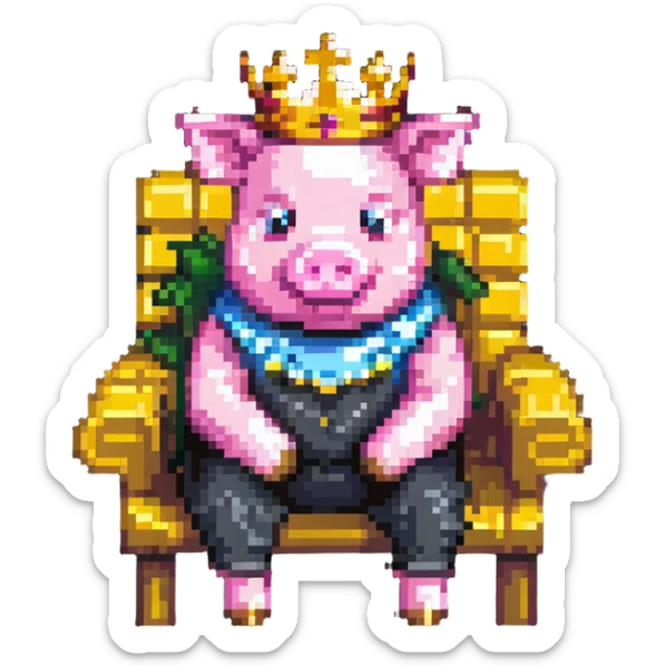 cartoon-like pixel art pig with a golden crown sitting on a throne, blocky and square like Minecraft, styled to look like LEGO Duplo blocks, chunky, colorful, simple sticker