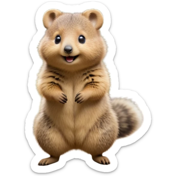 cinematic-quokka-realistic-full-body-standing on its hind legs hunched over-emoji,-small-round-frame-balanced-on-tiny-strong-hind-legs,giant fluffy cheeks large smile-fluffy-brown-fur-radiating-a-warm-softness,-big-round-eyes-filled-with-joy-and-innocence,-tiny-clawed-paws-held-close-to-chest,-cheerful-smile-exuding-endearing-happiness,-simplified-yet-realistic-focused-features,-highly-detailed,-glowing-with-a-sunny-warmth sticker