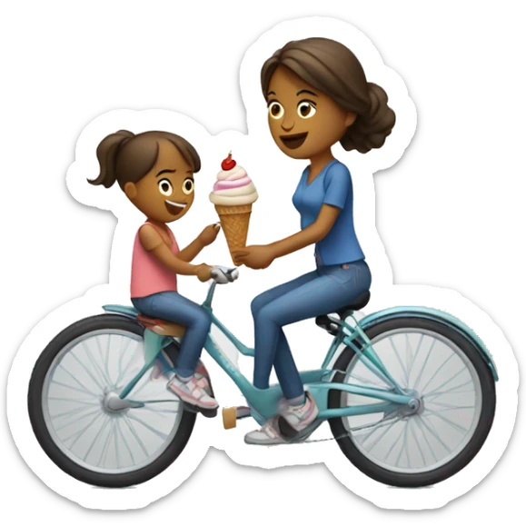 Woman with a child riding bike and holding an ice cream sticker