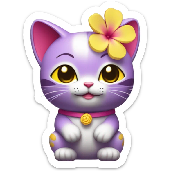 Purple maneki neko in a yellow T-shirt with a pink flower on his head sticker