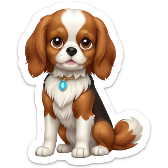 cinematic-[cavalier king charles dog]-realistic-full-body-sitting-emoji,-tail-resting-loosely-beside-its-paws,-head-tilted-dramatically,-sleek-[brown and white]-fur,-simplified-yet-realistic-focused-features,-highly-detailed,-glowing-with-an-almost-sarcastic-glow sticker