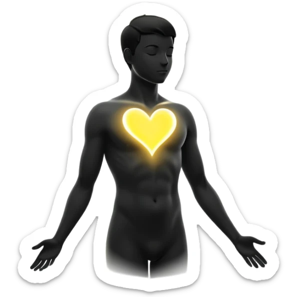 minimalist b&w male silhouette with flowing black-and-white curves across the lower body, now overlaid with a small, softly glowing spark or radiant light near the chest or head — heart symbolizing inspiration, inner fire, and creative energy awakening” yellow glow sticker