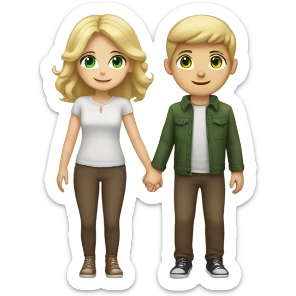 Blond boy with green eyes and brunette girl with brown eyes hold hands in love sticker