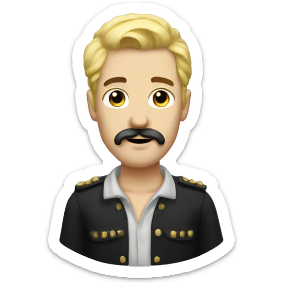 One man with blonde hair and black moustache and a black beard sticker
