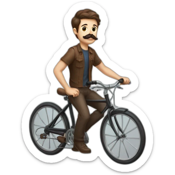 young Man with handlebar moustache on a bike,brown hair and brown moustache sticker