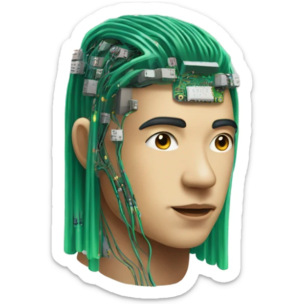 Head of Asian male cyborg with long green hair and circuits sticker