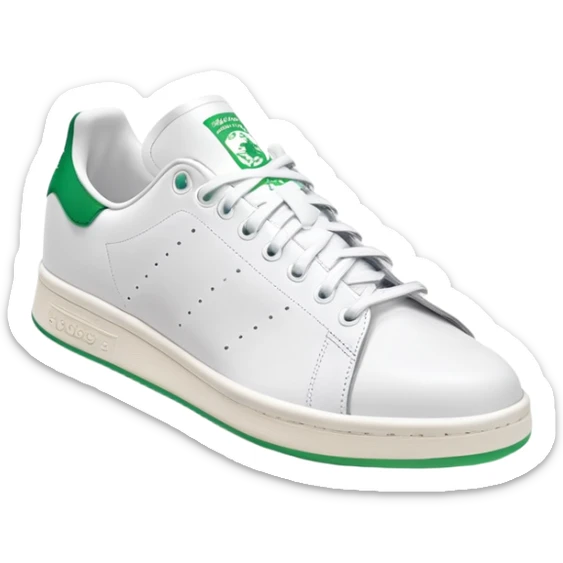 White Adidas Stan Smith shoe with green accents, iconic tennis sneaker, clean design, white with green heel tab, front angle view sticker