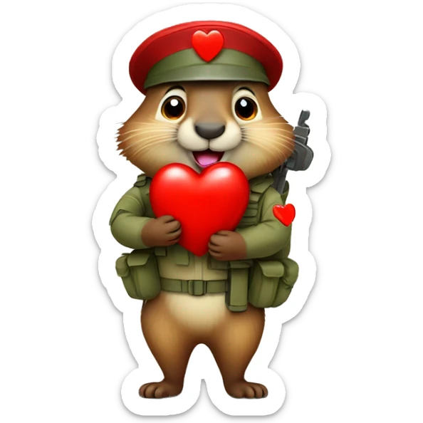 a cute soldier marmot hugging a red heart with love and passion being very happy sticker