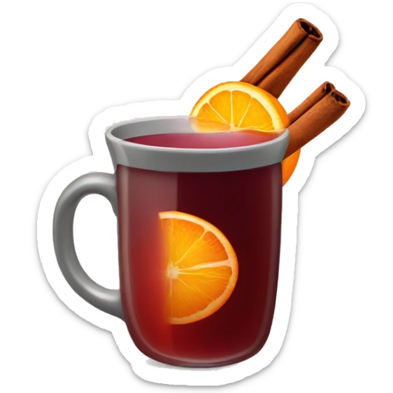 A Christmas mug of hot mulled wine, steaming with a cinnamon outside and an orange slice next to it sticker