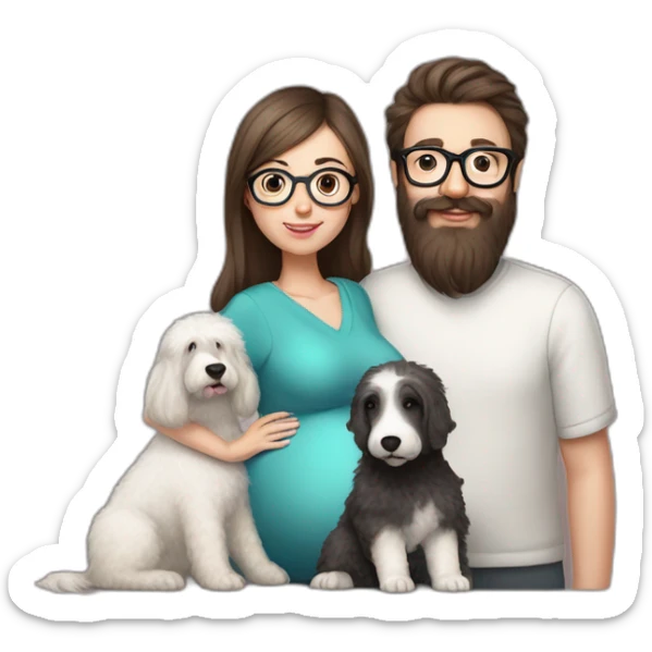 Hyperrealist pregnant girl with half long brown hair with glasses, a boy with long beard, glasses and short hair and english sheepdog sticker