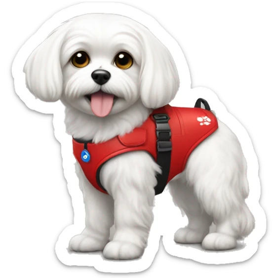 Maltese wearing a red service dog gear with to bleck straps one in the front one around the belly  sticker