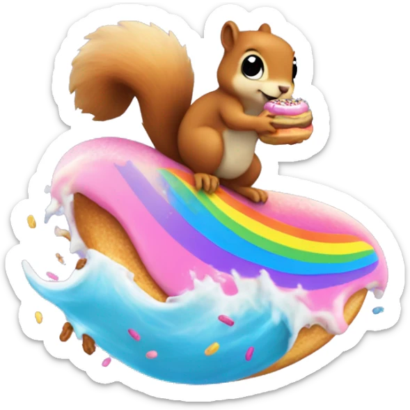 A squirrel surfing on a large blue wave with a donut with pink frosting and rainbow sprinkles in her hand sticker