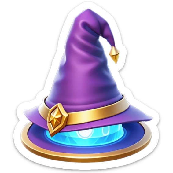 Clash of Clans aesthetic: Cinematic Playful Wizard's Hat Emoji, rendered in a 3D vector-style similar to standard emojis with minimal shading and bold, simplified shapes. A compact, isometric pointy hat with a wide brim adorned with mystical symbols and subtle enchanted shimmer, softly glowing with a magical whimsical charm. Simplified yet unmistakably iconic, highly detailed and consistent, glowing with a soft radiant glow and high shine. Stylized with a touch of classic sorcery and a soft glowing outline, capturing the essence of a legendary wizard’s hat with a friendly, playful manner! sticker