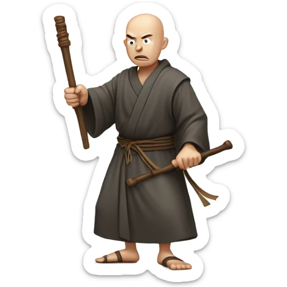 An illustration of a bald monk in traditional robe he is angry, mid-action, wielding a wooden staff. He strikes with precision, showing focus and strength, in a cartoon-like style sticker