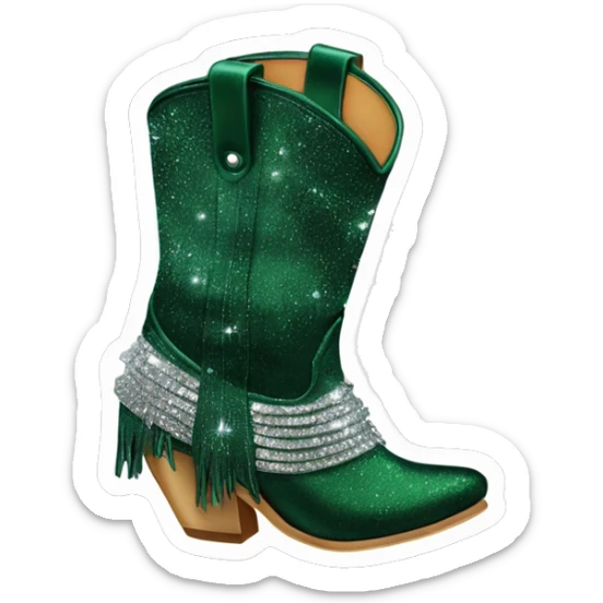 Realistic dark green fashion cowgirl boots with sparkly shiny glitter fringe on them. sticker