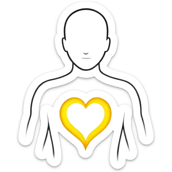 minimalist b&w male silhouette with flowing black-and-white curves across the lower body, now overlaid with a small, softly glowing spark or radiant light near the chest or head — heart symbolizing inspiration, inner fire, and creative energy awakening” yellow glow sticker