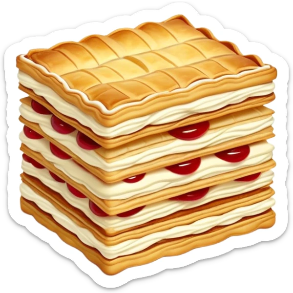 mille-feuille-cinematic-realistic-mille-feuille-dessert-emoji,-depicted-as-a-rectangular delicate-pastry-composed-of-two-crisp-layers-of-puff-pastry-with-a-rich-cream-filling,-rendered-with-intricate-textures-and-elegant,-soft-lighting. Please only show two layers only. sticker