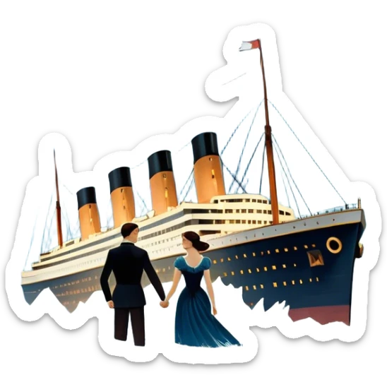 Icon for Titanic Movie: A vintage movie poster-style design featuring a dramatic scene of the ship, the iceberg, and a romantic silhouette of the main couple. Include elements like the ship’s bow, water splashes, and a starry sky in the background. Retro cinematic feel. Transparent background. sticker