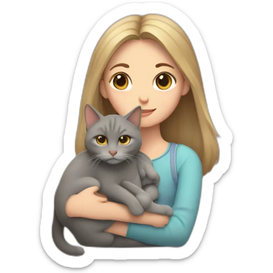 a gray-brown cat sits in the arms of a fair-haired girl sticker