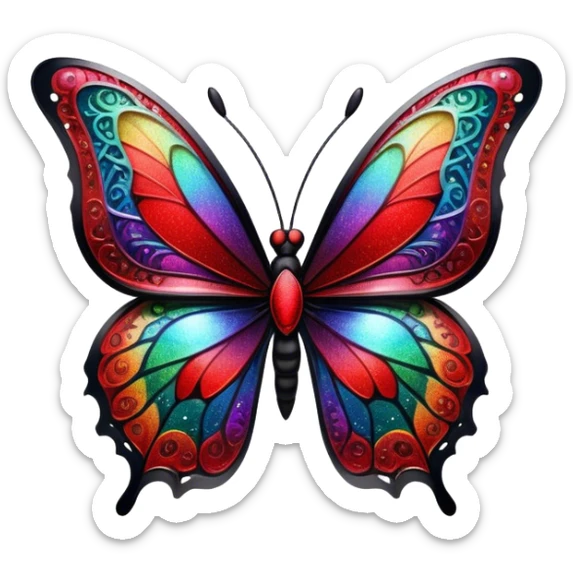 edgy black and red glittery iridescent rainbow transparent butterfly with detailed intricate patterns sticker