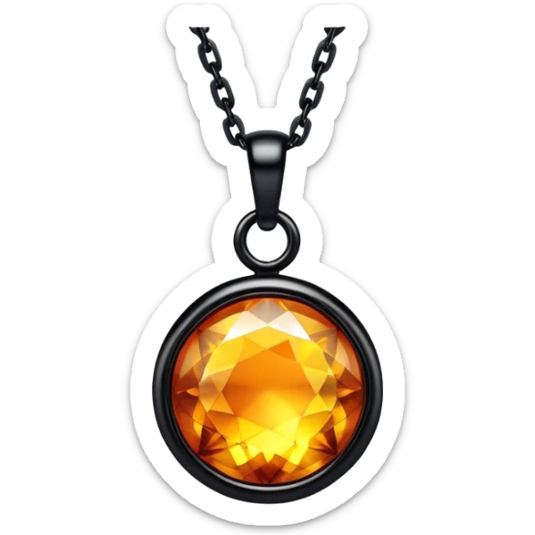 extreme close up of a round cut holographic amber charm with black setting and black chain, chain and setting very close to the gem sticker
