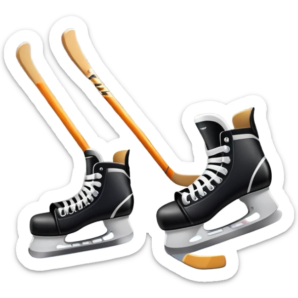 An icon featuring close-up shots of key hockey equipment: a hockey stick, puck, and skates. The background shows a packed stadium with cheering fans, bright arena lights, and an icy rink. Transparent background highlights the essentials of the game and the thrill of the sport. sticker
