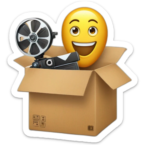 Video icons, movie camera, film, play, logos, likes, thumbs up, marks, views, coverage, applause fly out of a Cardboard box sticker