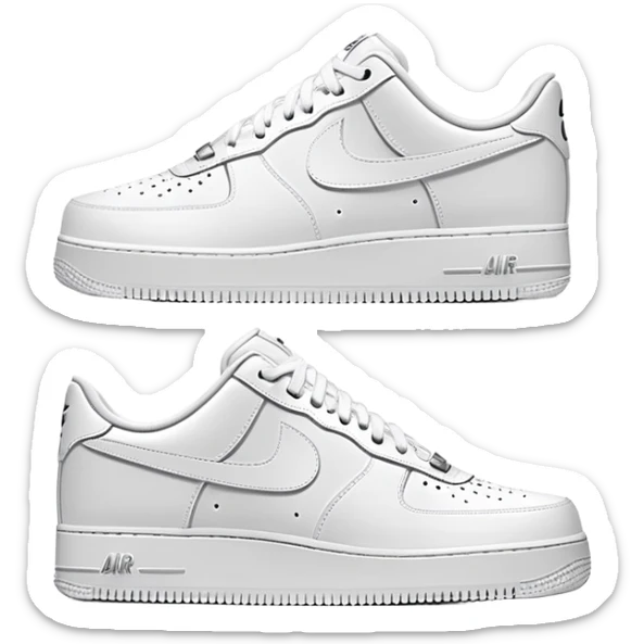 Pair of white Nike Air Force 1 sneakers, one showing the side profile and one showing the front sticker