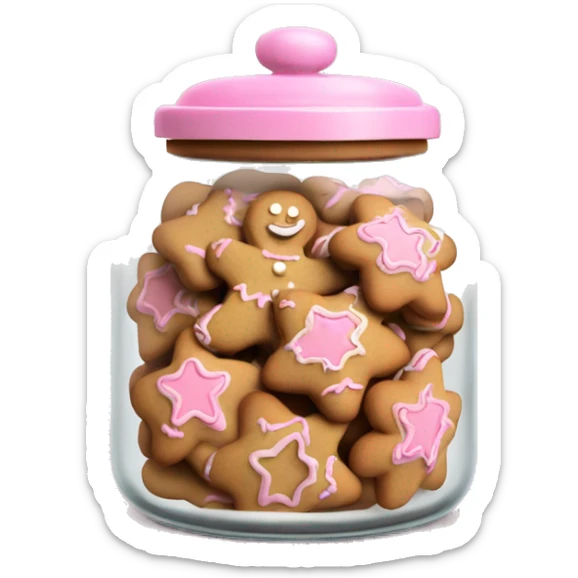 Realistic glass cookie jar with light pink lid full of gingerbread cookies isolated.  sticker