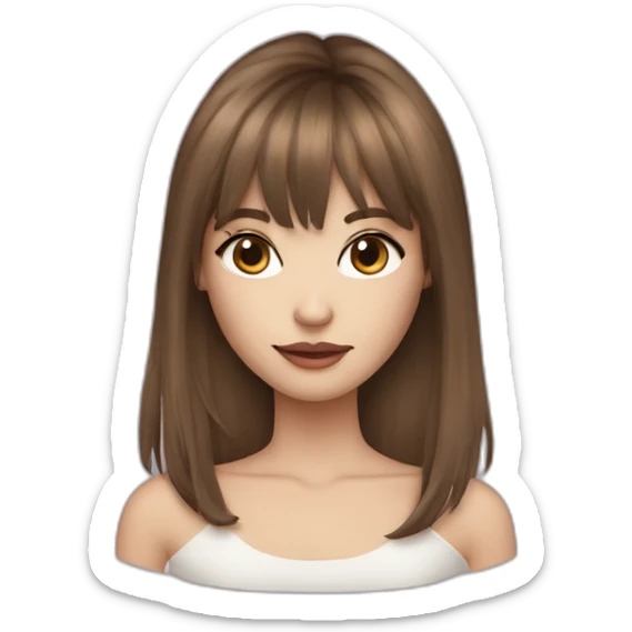 long brown hair skinny girl with curtain bangs, thin face and makeup from head to chest sticker