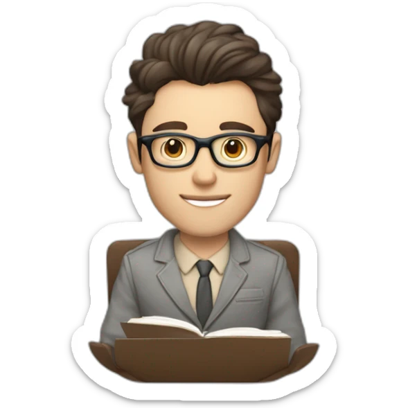 Pale skinned Fit Man With dark brown hair in gray jacket, beige office shirt and vintage glasses sitting In a soft chair with a notebook with emblem Ψ and a pen in his hands sticker
