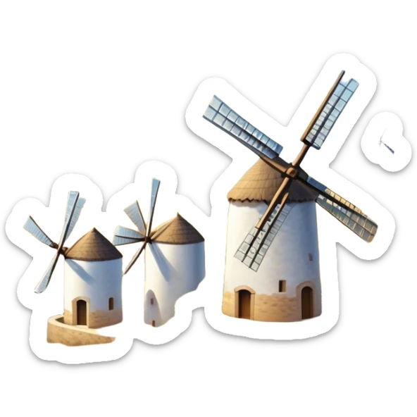 ​Cinematic Realistic Spanish Windmills (Mota del Cuervo), depicted as a cluster of gracefully aged windmills with weathered whitewashed facades and rustic wooden sails, standing proudly on a sunlit, rolling hillside of golden fields and olive groves, rendered with intricate textures and soft natural lighting that captures the timeless rural charm and historical significance of the Spanish landscape, sticker