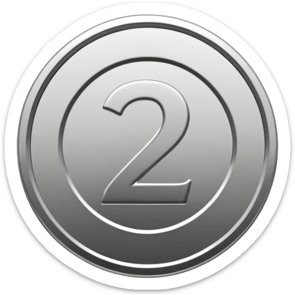 Emoji icon of a metal coin with engraved number 2, minimalist style, isolated, only metal color sticker