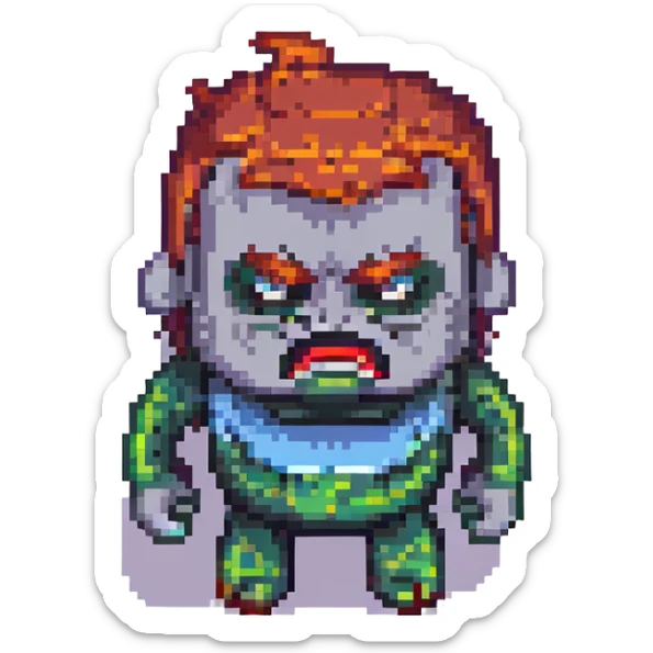 Make the man even more red in pixel art style with simple blocky shapes, angry face, no background, bold and exaggerated features. sticker