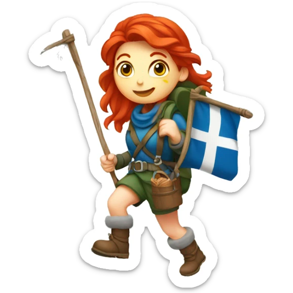 red hair female winter mountaineer climbing with Easter basket and Greek flag sticker
