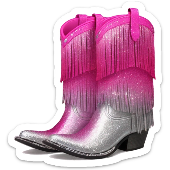 Realistic hot pink to silver ombre pair of fashion cowgirl boots with sparkly shiny glitter fringe on them. sticker