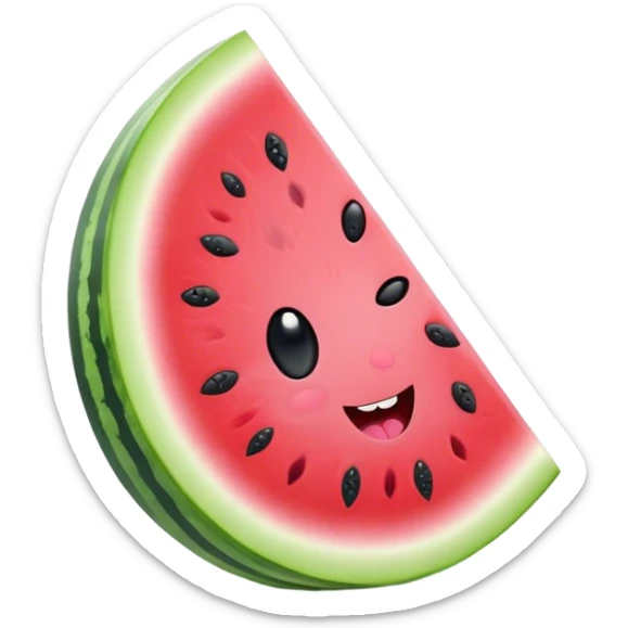 Cute Kawaii Watermelon Slice, juicy and vibrant, soft pastel green rind with pink flesh, tiny black seeds shaped like hearts, an adorable happy face with cute round eyes, bursting with summer energy! sticker