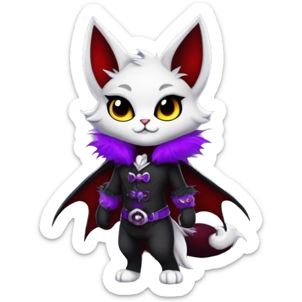 Anthro-Cute-Edgy-Cool-Vampiric-Batty-Cat-Black-Purple-Red-Grey-White-Yellow-Contrast-Colors-Fantasy-Fur-Sona-Chibi-Shiny-Fakémon-Hybrid with horns and fangs and collar full body sticker