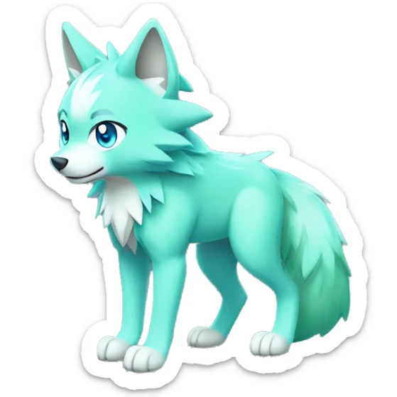Cute Shy Shiny Pastel-Green Fakémon-Wolf-Pokémon with Cyan-Blue eyes Full Body sticker
