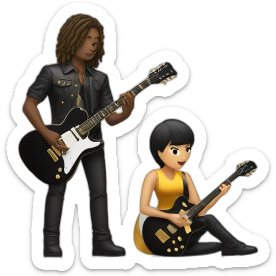 male guitarist, black electric guitar with golden stripes and female pianist sticker