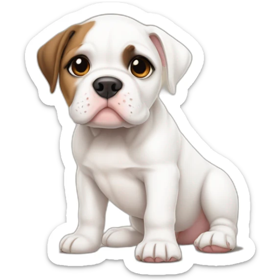 Sad White American bulldog puppy with a brown patch on her left eye and heart in the other sticker