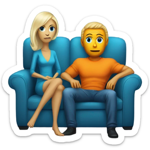 blonde alien reptilian woman in orange dress and humman man in blue, sitting on a couch  sticker
