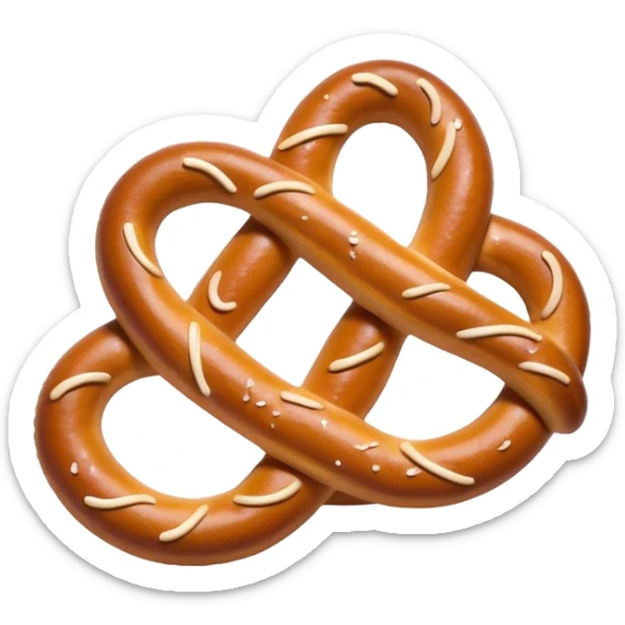 Cinematic Realistic Pretzels Dish Emoji, featuring freshly baked, twisted pretzels with a glossy, salted crust rendered with detailed textures and warm, appetizing lighting. sticker