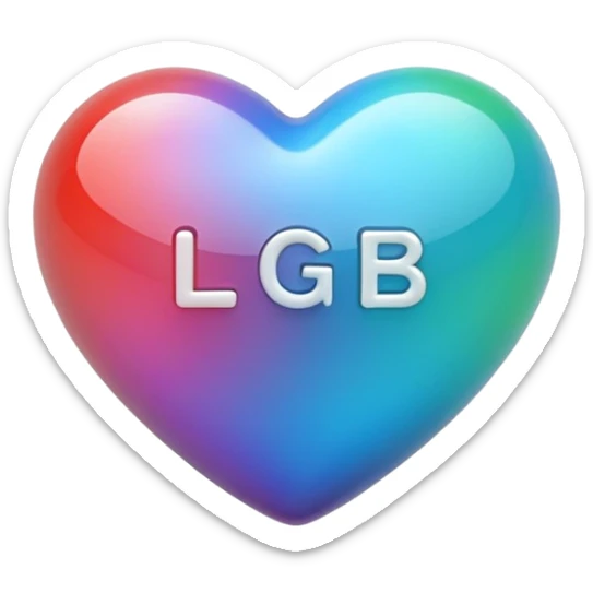 A photograph of a high-quality 3D heart-shaped emoji with a polished, glossy finish.The texture is smooth and candy-like, with a glass-like sheen that gives it a modern, high-end aesthetic. Add text as "LGB" in centre of heart sticker
