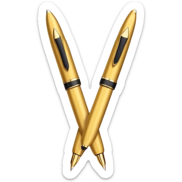 two golden fountain pens crossing in front of each other like an X
Color: Gold. style like an emoji with gradients and shadowing minimal esthetic, white backgroudn sticker